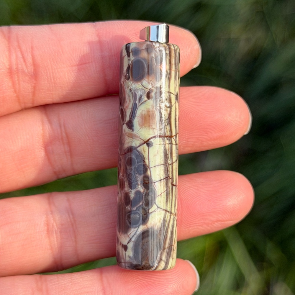 Stainless steel natural money agate tube pendant 1020